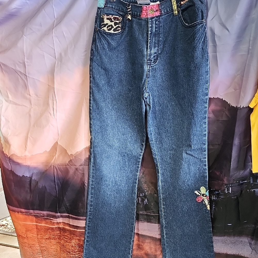 Vibrant High Rise Blue Jeans with Colorful Details